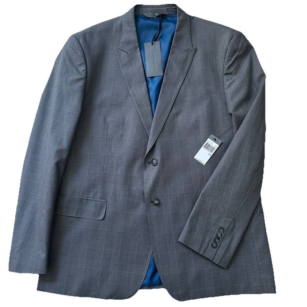 Sean John Tailored Suit Blazer Jacket Men's Size 3XL 48 Inch Gray Blue Plaid NWT